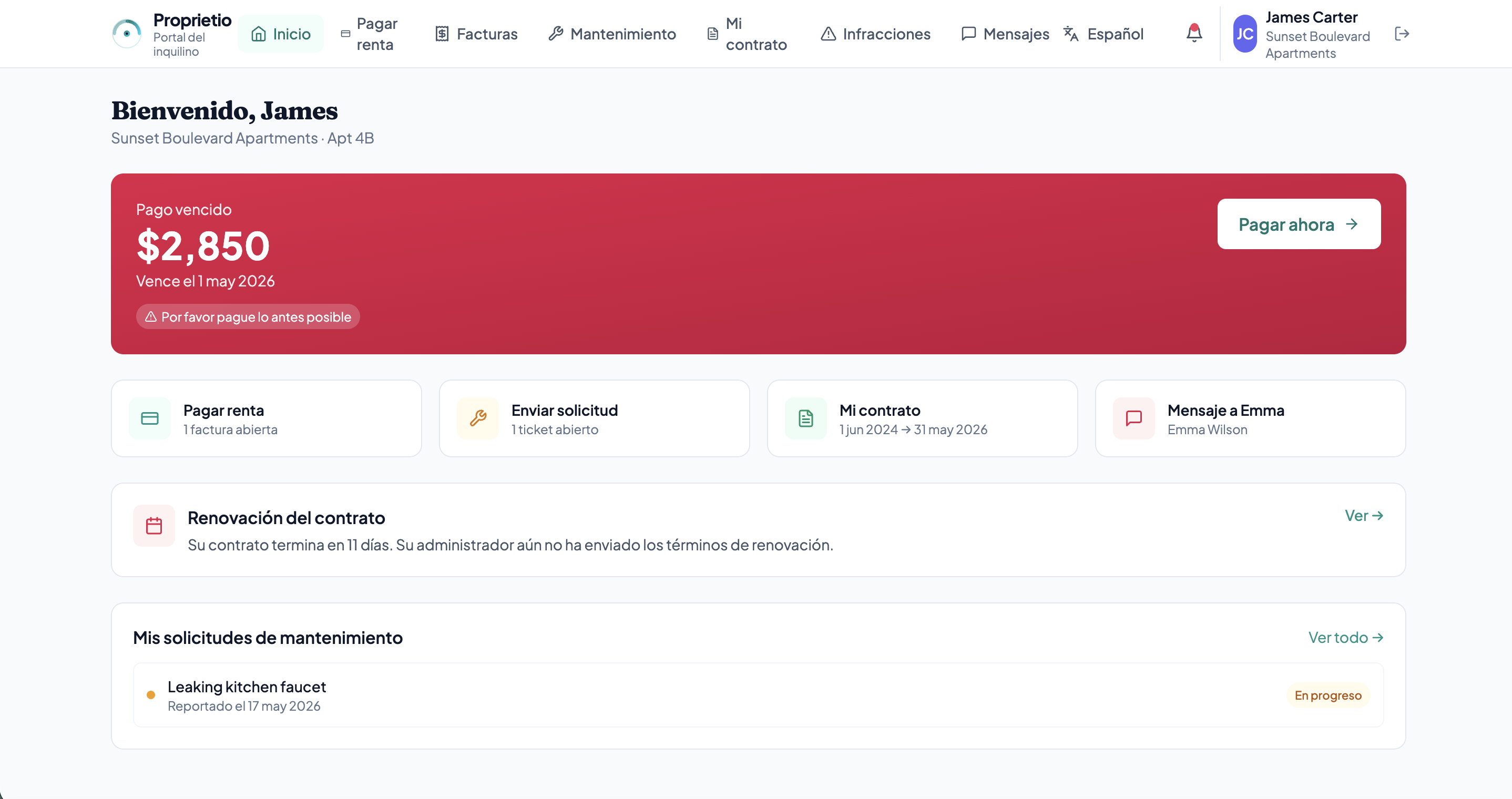 Spanish tenant portal — overdue rent banner, maintenance request, and lease renewal, all localized (Pagar renta, Mantenimiento, Mi contrato)