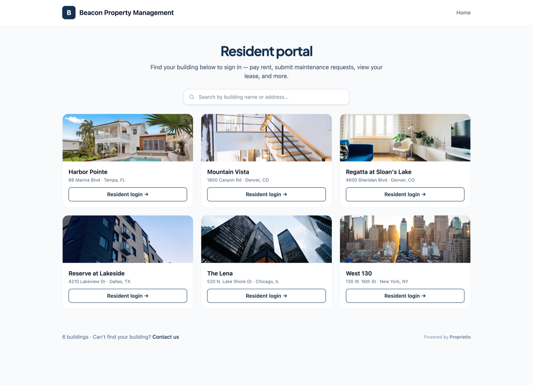 Published agency website — resident portal directory with a search bar and building cards, each linking residents to sign in