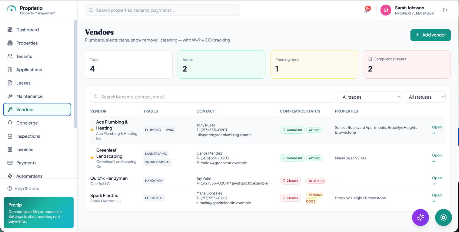 Vendor list with W-9 + COI compliance badges (Compliant / Pending docs / Blocked)